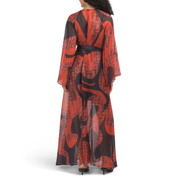 NANCY YANG Red/black Pleated Long Sleeve Gown - Picture 2 of 2